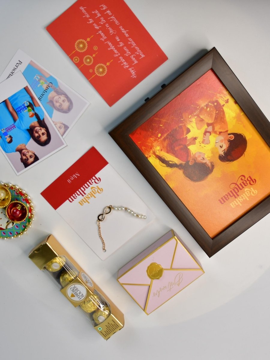 Sowpeace Exquisite Infinite Rakhi Pack of 1 with Roli Chawal Thali, Chocolates, Photo Frame, Poloroids and Greeting card combo for Raksha Bandhan and Gifting