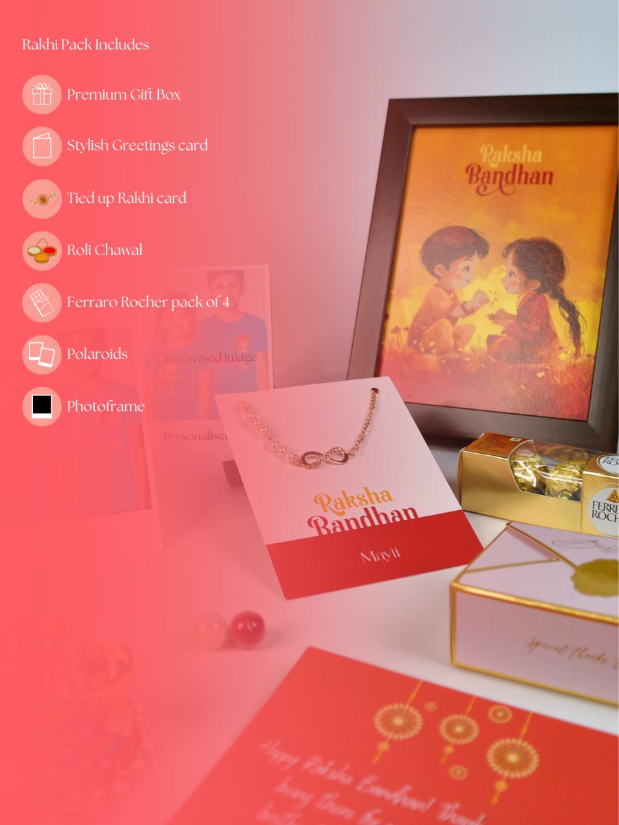 Sowpeace Exquisite Infinite Rakhi Pack of 1 with Roli Chawal Thali, Chocolates, Photo Frame, Poloroids and Greeting card combo for Raksha Bandhan and Gifting