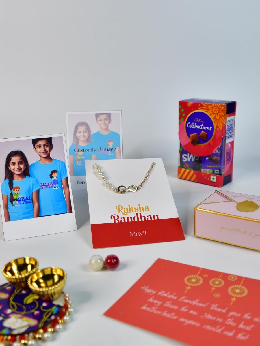 Sowpeace Exquisite Infinite Rakhi Pack of 1 with Roli Chawal Thali, Chocolates, Poloroids and Greeting card combo for Raksha Bandhan and Gifting