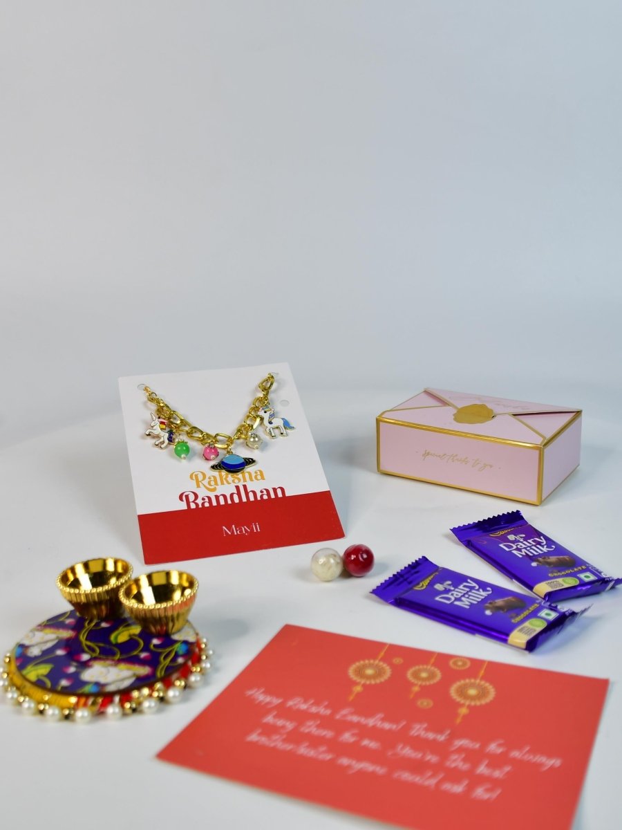 Sowpeace Exquisite Metal Abstract Rakhi Pack of 1 with Roli Chawal Thali, Chocolates, and Greeting card combo for Raksha Bandhan and Gifting