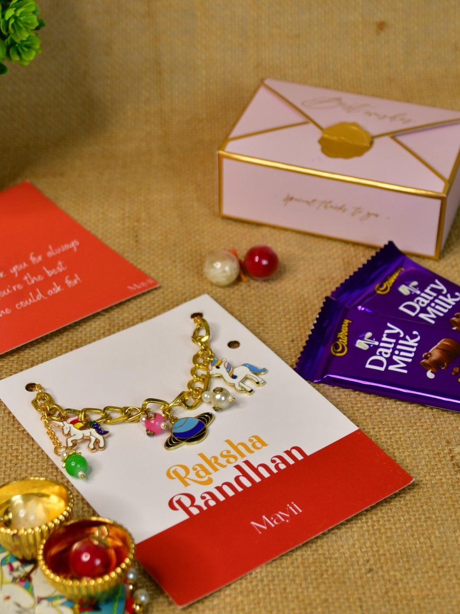 Sowpeace Exquisite Metal Abstract Rakhi Pack of 1 with Roli Chawal Thali, Chocolates, and Greeting card combo for Raksha Bandhan and Gifting