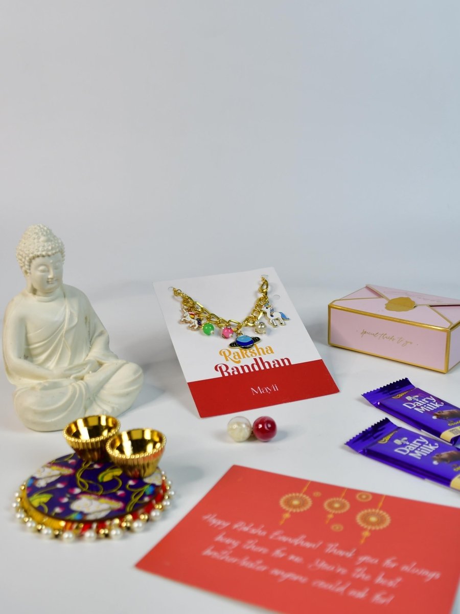 Sowpeace Exquisite Metal Abstract Rakhi Pack of 1 with Roli Chawal Thali, Chocolates, Buddha and Greeting card combo for Raksha Bandhan and Gifting