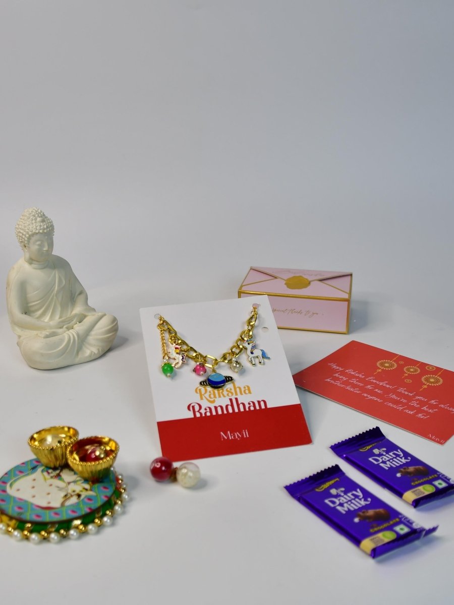 Sowpeace Exquisite Metal Abstract Rakhi Pack of 1 with Roli Chawal Thali, Chocolates, Buddha and Greeting card combo for Raksha Bandhan and Gifting