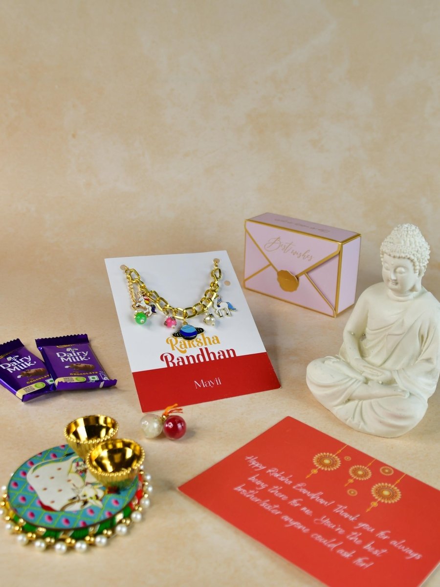 Sowpeace Exquisite Metal Abstract Rakhi Pack of 1 with Roli Chawal Thali, Chocolates, Buddha and Greeting card combo for Raksha Bandhan and Gifting