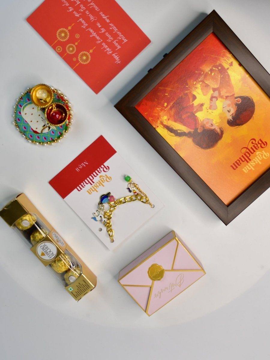 Sowpeace Exquisite Metal Abstract Rakhi Pack of 1 with Roli Chawal Thali, Chocolates, Photo Frame and Greeting card combo for Raksha Bandhan and Gifting