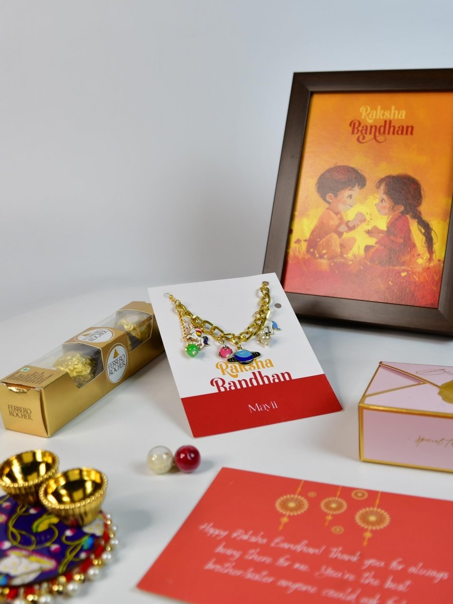 Sowpeace Exquisite Metal Abstract Rakhi Pack of 1 with Roli Chawal Thali, Chocolates, Photo Frame and Greeting card combo for Raksha Bandhan and Gifting