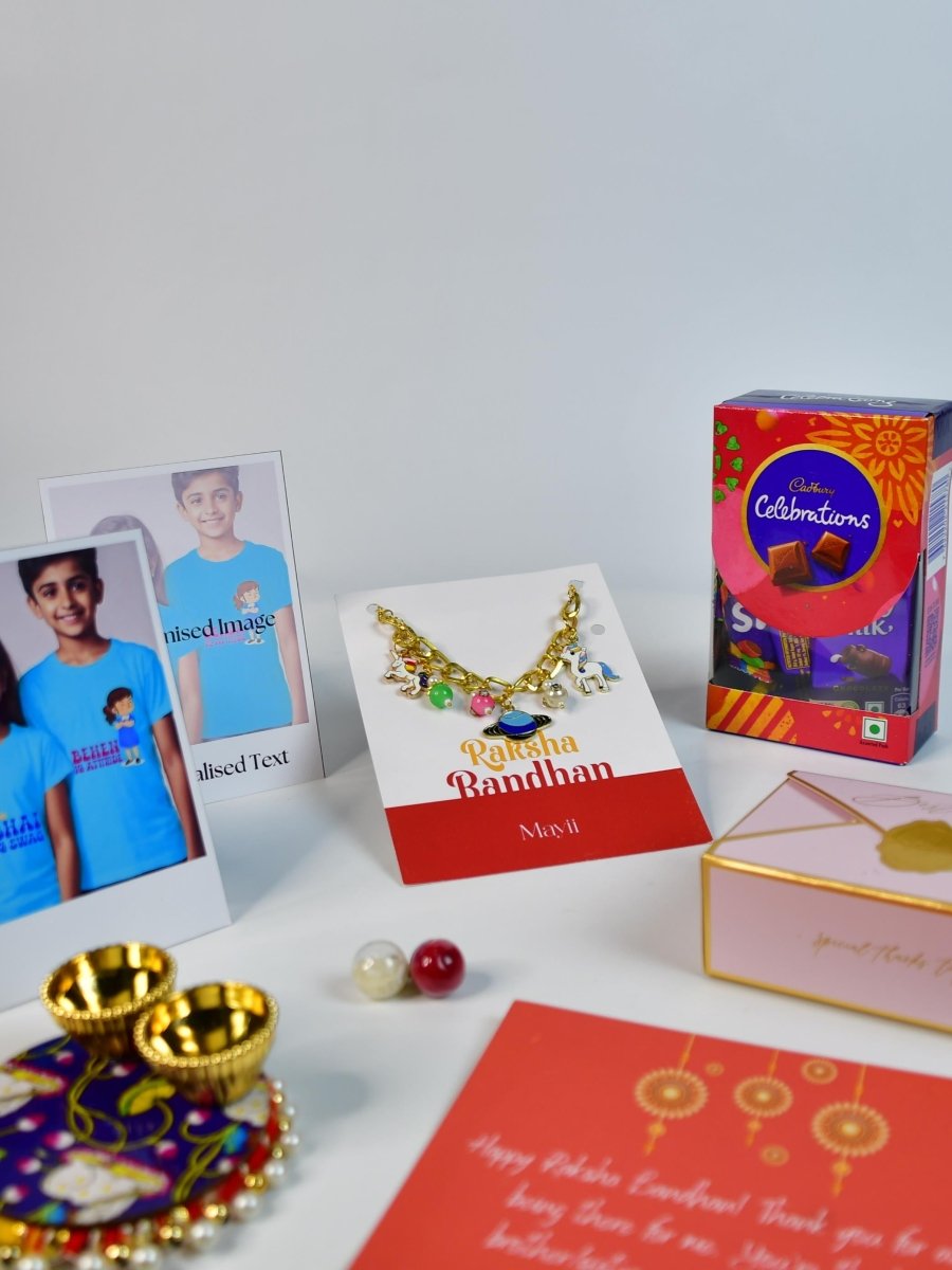 Sowpeace Exquisite Metal Abstract Rakhi Pack of 1 with Roli Chawal Thali, Chocolates, Poloroids and Greeting card combo for Raksha Bandhan and Gifting