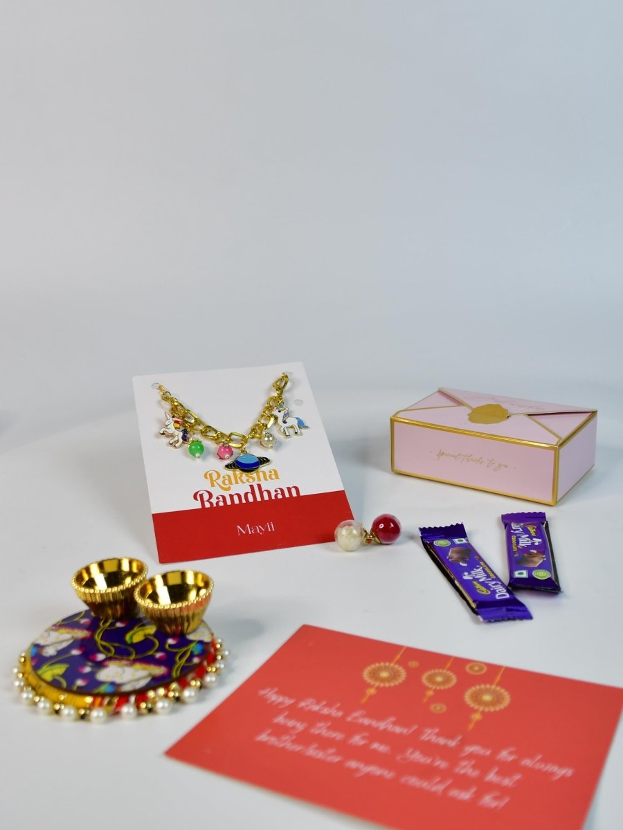 Sowpeace Exquisite Metal Abstract Rakhi Pack of 1 with Roli Chawal Thali, two Chocolates, and Greeting card combo for Raksha Bandhan and Gifting