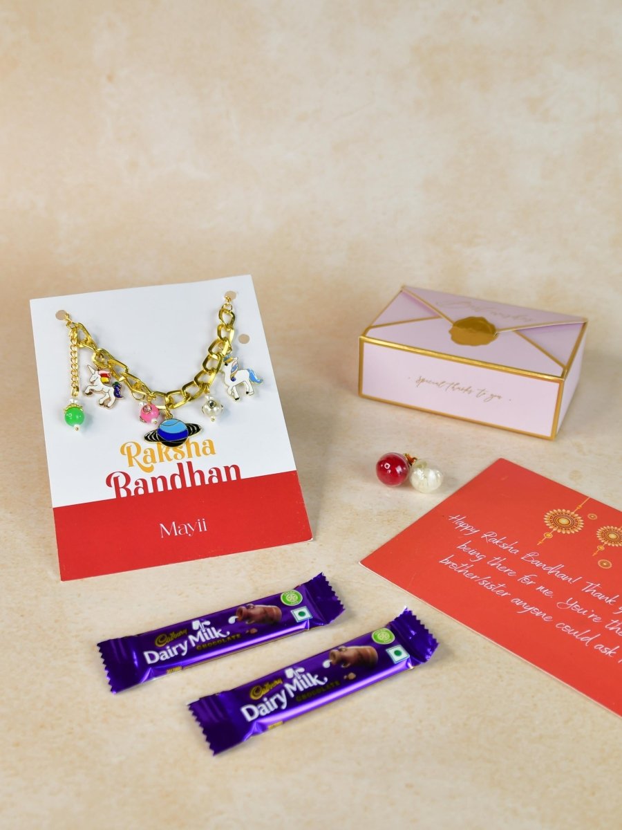 Sowpeace Exquisite Metal Abstract Rakhi Pack of 1 with Roli Chawal Thali, two Chocolates, and Greeting card combo for Raksha Bandhan and Gifting