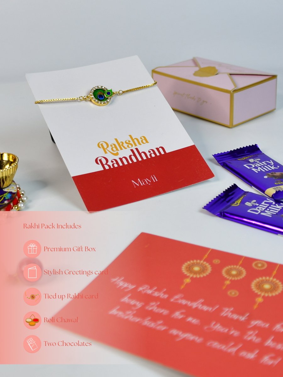 Sowpeace Exquisite Peacock Rakhi Pack of 1 with Roli Chawal Thali, Chocolates, and Greeting card combo for Raksha Bandhan and Gifting