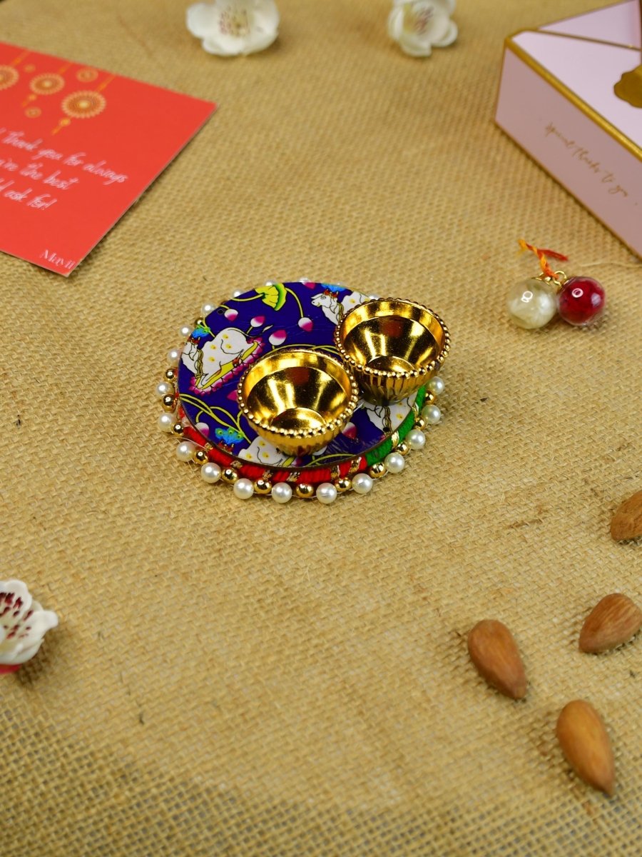 Sowpeace Exquisite Peacock Rakhi Pack of 1 with Roli Chawal Thali, Chocolates, and Greeting card combo for Raksha Bandhan and Gifting