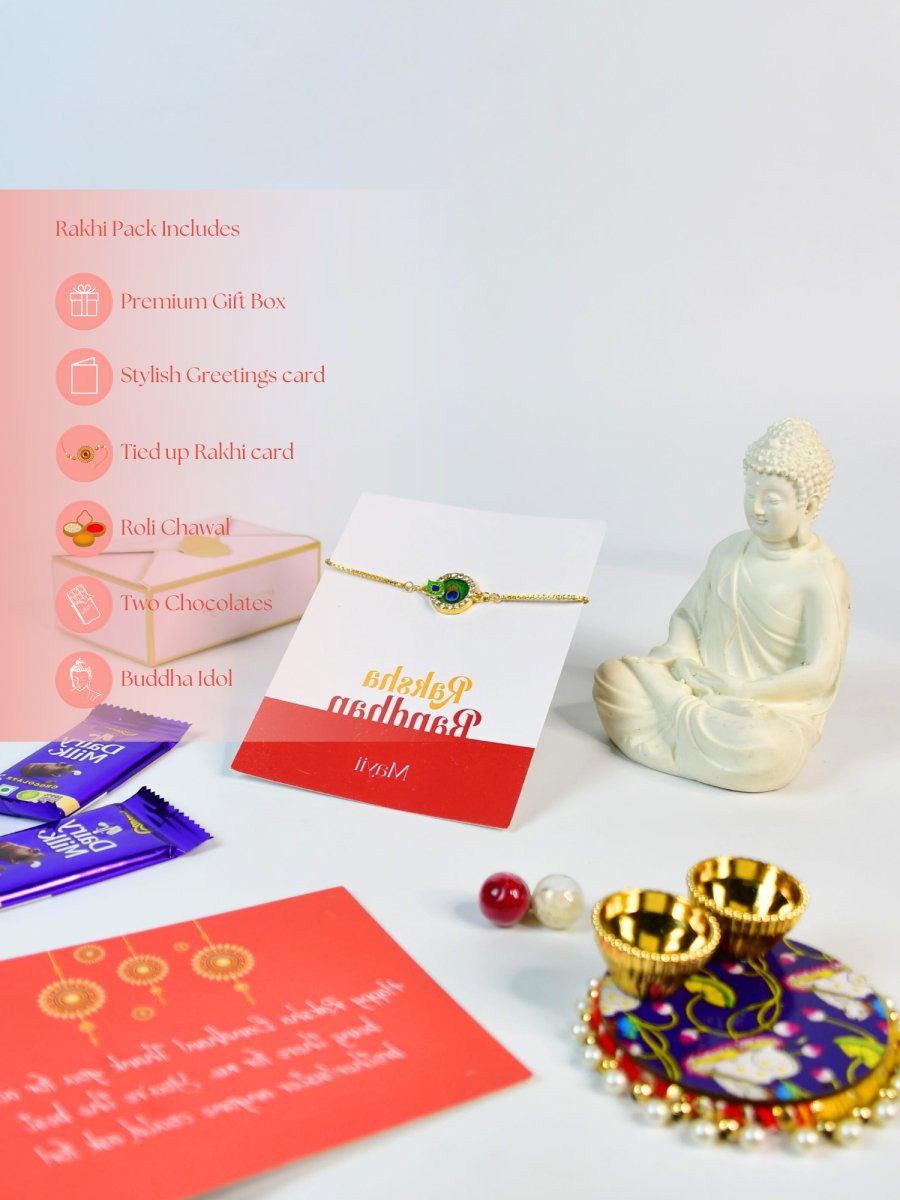 Sowpeace Exquisite Peacock Rakhi Pack of 1 with Roli Chawal Thali, Chocolates, Buddha and Greeting card combo for Raksha Bandhan and Gifting