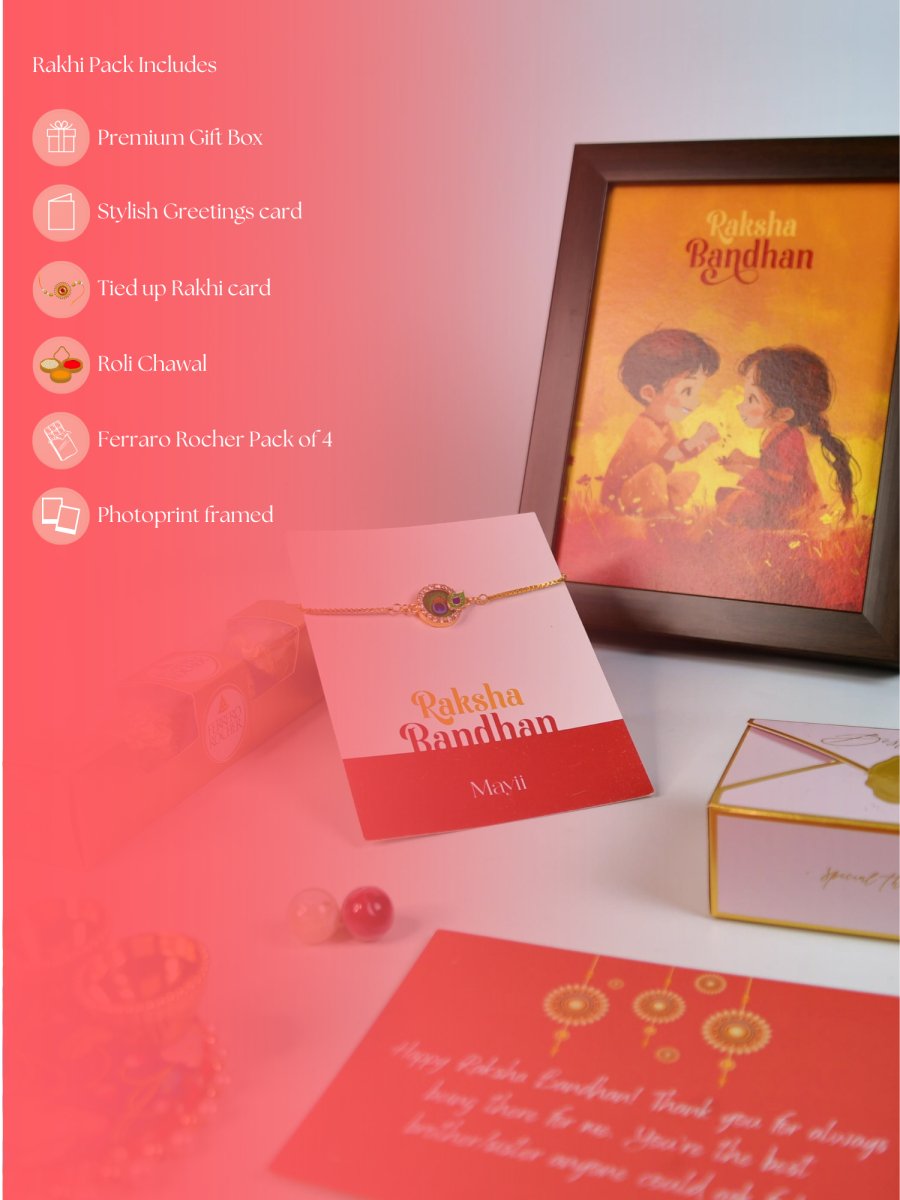 Sowpeace Exquisite Peacock Rakhi Pack of 1 with Roli Chawal Thali, Chocolates, Photo Frame and Greeting card combo for Raksha Bandhan and Gifting