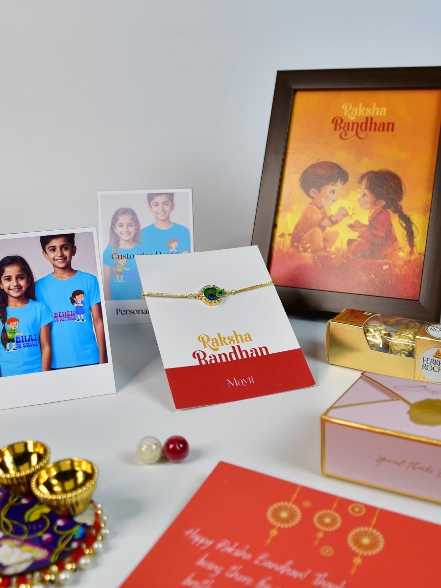 Sowpeace Exquisite Peacock Rakhi Pack of 1 with Roli Chawal Thali, Chocolates, Photo Frame, Poloroids and Greeting card combo for Raksha Bandhan and Gifting