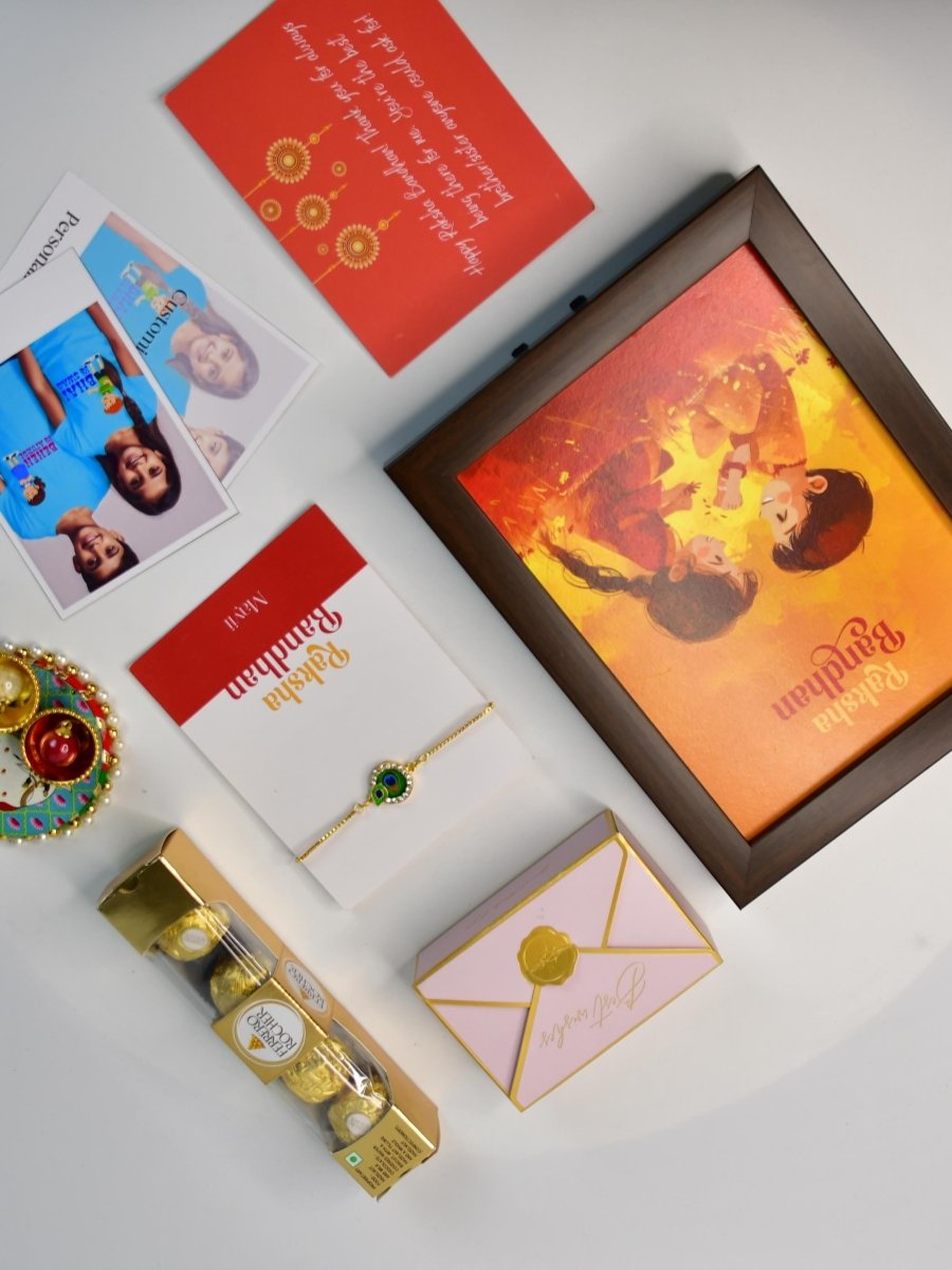 Sowpeace Exquisite Peacock Rakhi Pack of 1 with Roli Chawal Thali, Chocolates, Photo Frame, Poloroids and Greeting card combo for Raksha Bandhan and Gifting