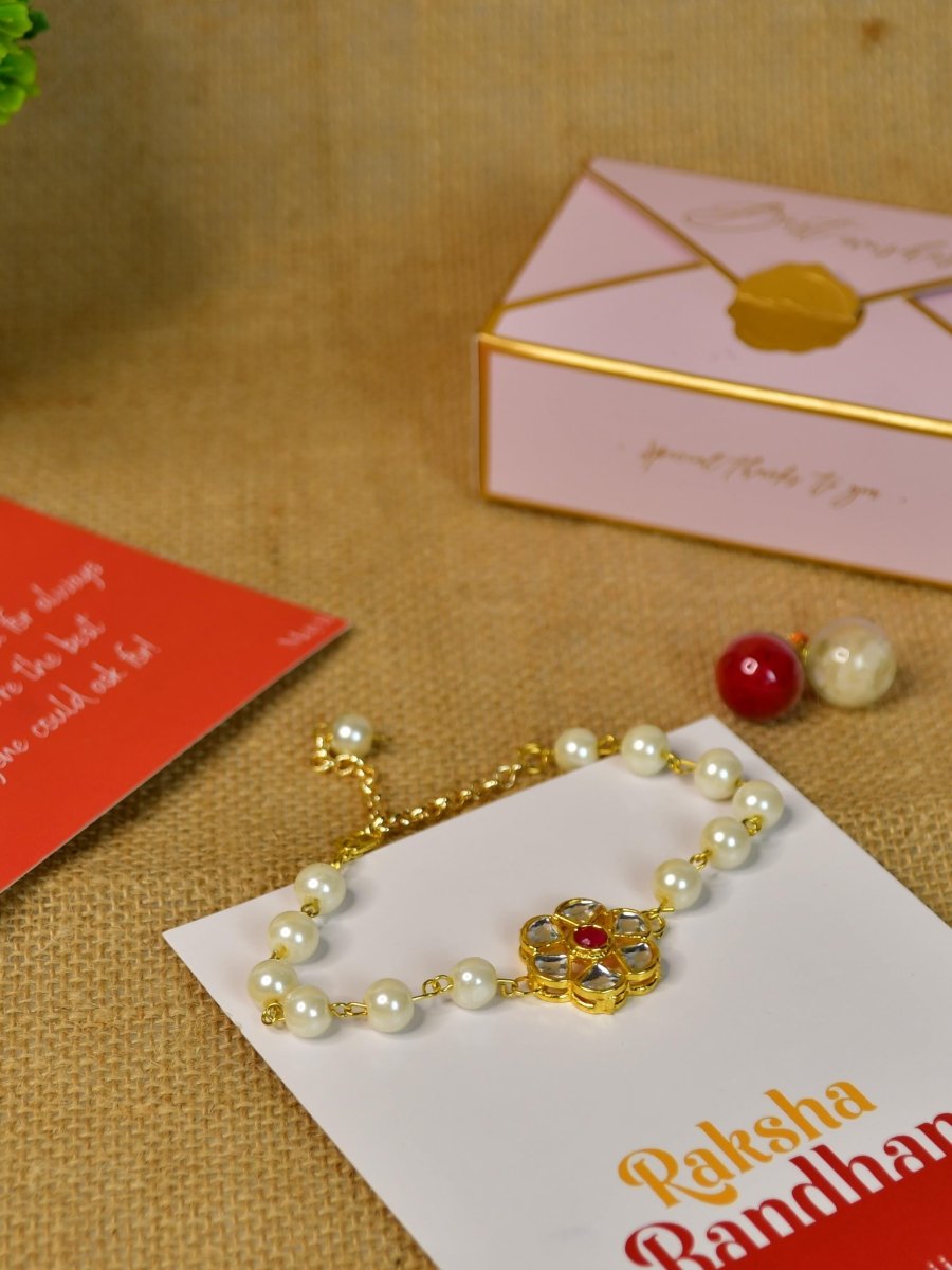 Sowpeace Exquisite Pearl Rakhi Pack of 1 with Roli Chawal and Greeting card combo for Raksha Bandhan and Gifting