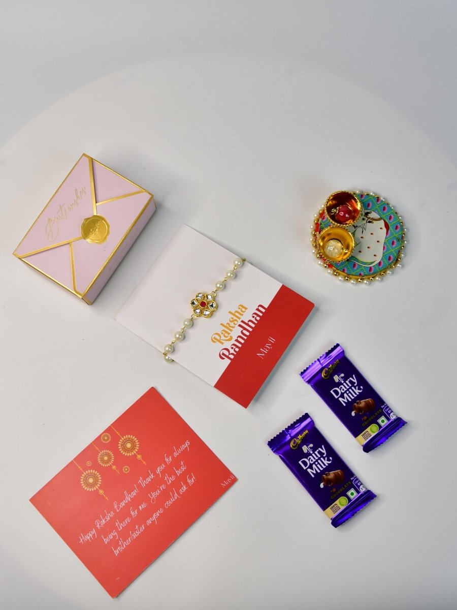 Sowpeace Exquisite Pearl Rakhi Pack of 1 with Roli Chawal Thali, Chocolates, and Greeting card combo for Raksha Bandhan and Gifting