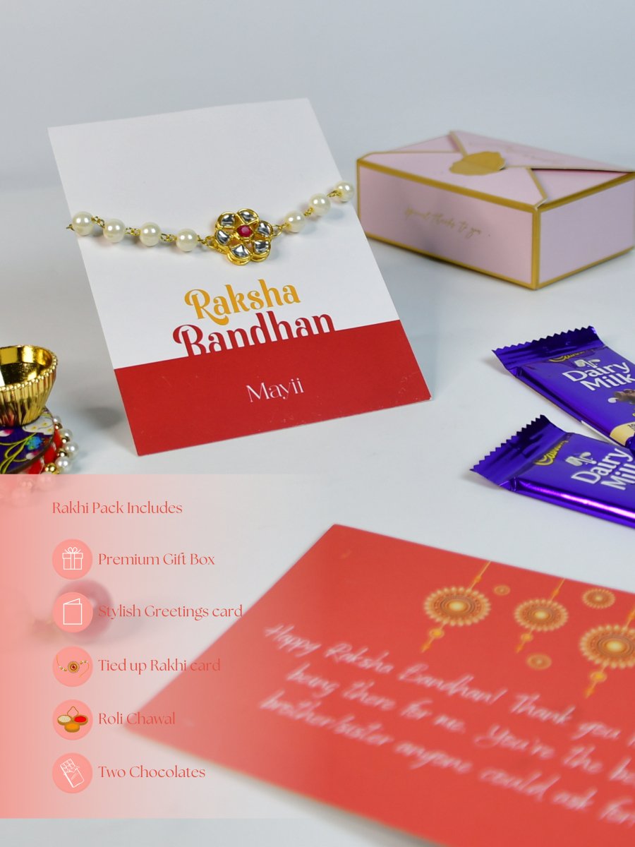 Sowpeace Exquisite Pearl Rakhi Pack of 1 with Roli Chawal Thali, Chocolates, and Greeting card combo for Raksha Bandhan and Gifting