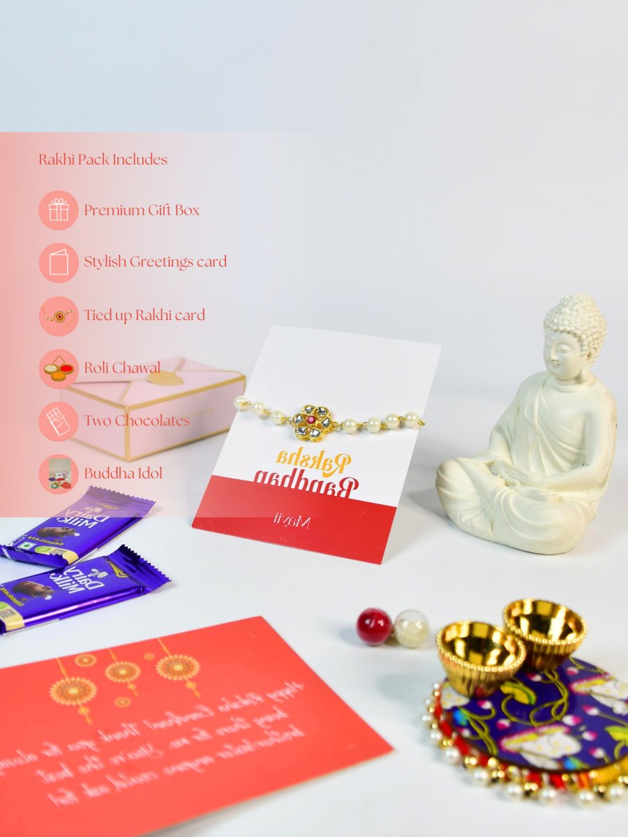 Sowpeace Exquisite Pearl Rakhi Pack of 1 with Roli Chawal Thali, Chocolates, Buddha and Greeting card combo for Raksha Bandhan and Gifting