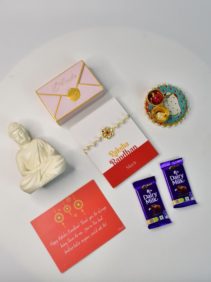 Sowpeace Exquisite Pearl Rakhi Pack of 1 with Roli Chawal Thali, Chocolates, Buddha and Greeting card combo for Raksha Bandhan and Gifting