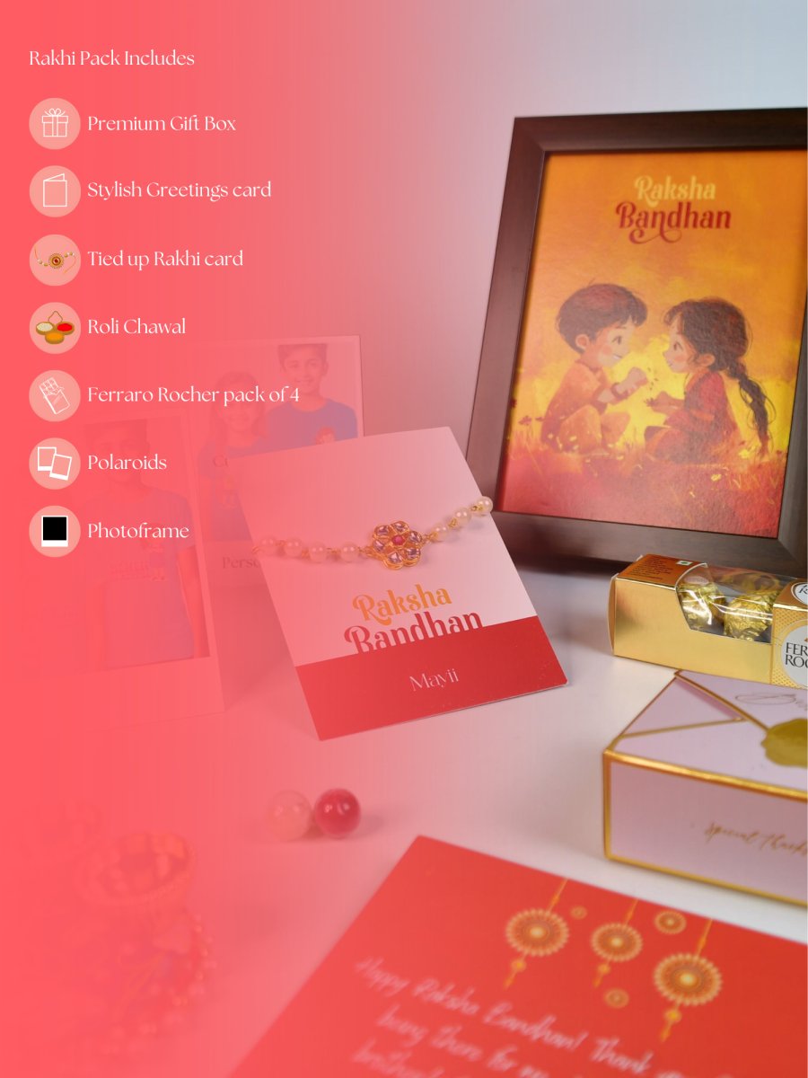 Sowpeace Exquisite Pearl Rakhi Pack of 1 with Roli Chawal Thali, Chocolates, Photo Frame, Poloroids and Greeting card combo for Raksha Bandhan and Gifting