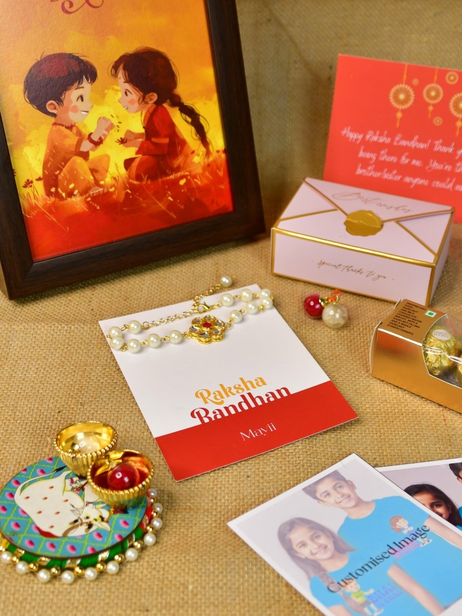 Sowpeace Exquisite Pearl Rakhi Pack of 1 with Roli Chawal Thali, Chocolates, Photo Frame, Poloroids and Greeting card combo for Raksha Bandhan and Gifting