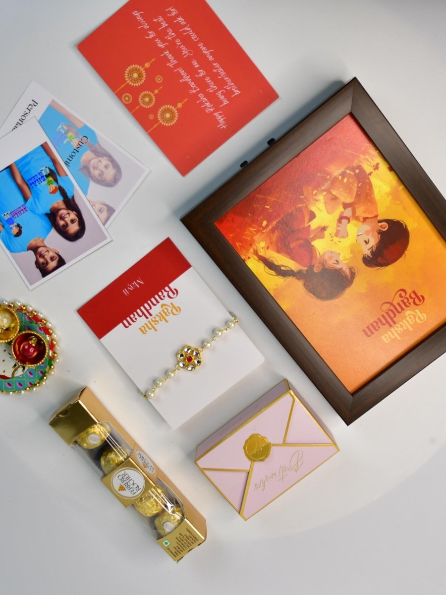 Sowpeace Exquisite Pearl Rakhi Pack of 1 with Roli Chawal Thali, Chocolates, Photo Frame, Poloroids and Greeting card combo for Raksha Bandhan and Gifting