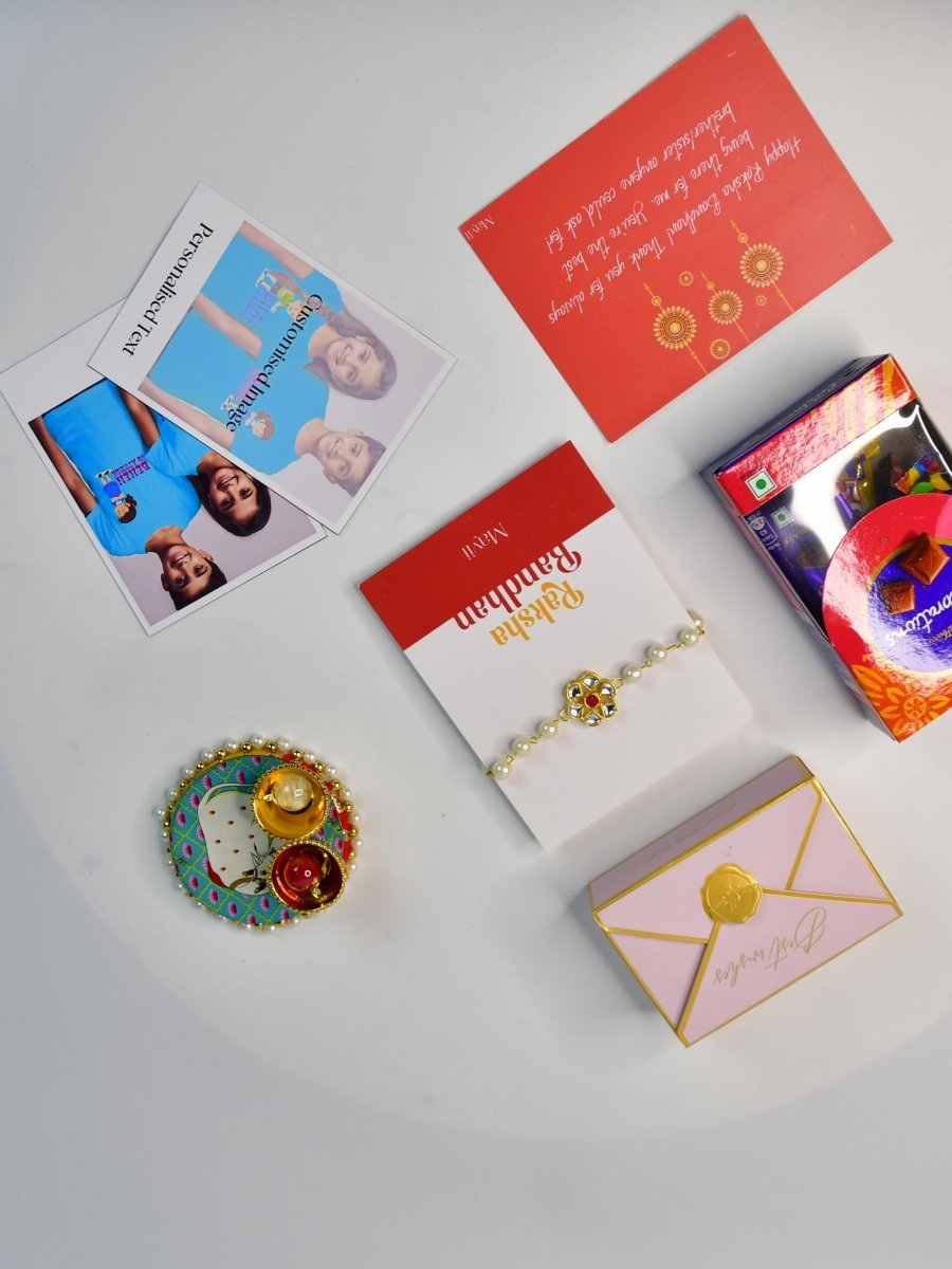 Sowpeace Exquisite Pearl Rakhi Pack of 1 with Roli Chawal Thali, Chocolates, Poloroids and Greeting card combo for Raksha Bandhan and Gifting