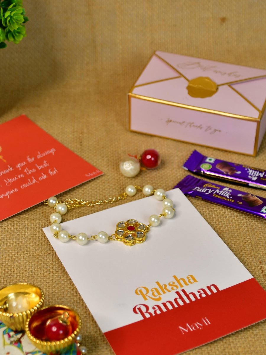 Sowpeace Exquisite Pearl Rakhi Pack of 1 with Roli Chawal Thali, two Chocolates, and Greeting card combo for Raksha Bandhan and Gifting