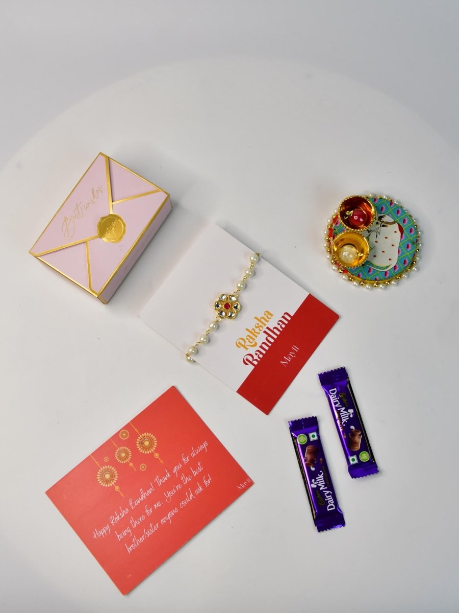 Sowpeace Exquisite Pearl Rakhi Pack of 1 with Roli Chawal Thali, two Chocolates, and Greeting card combo for Raksha Bandhan and Gifting