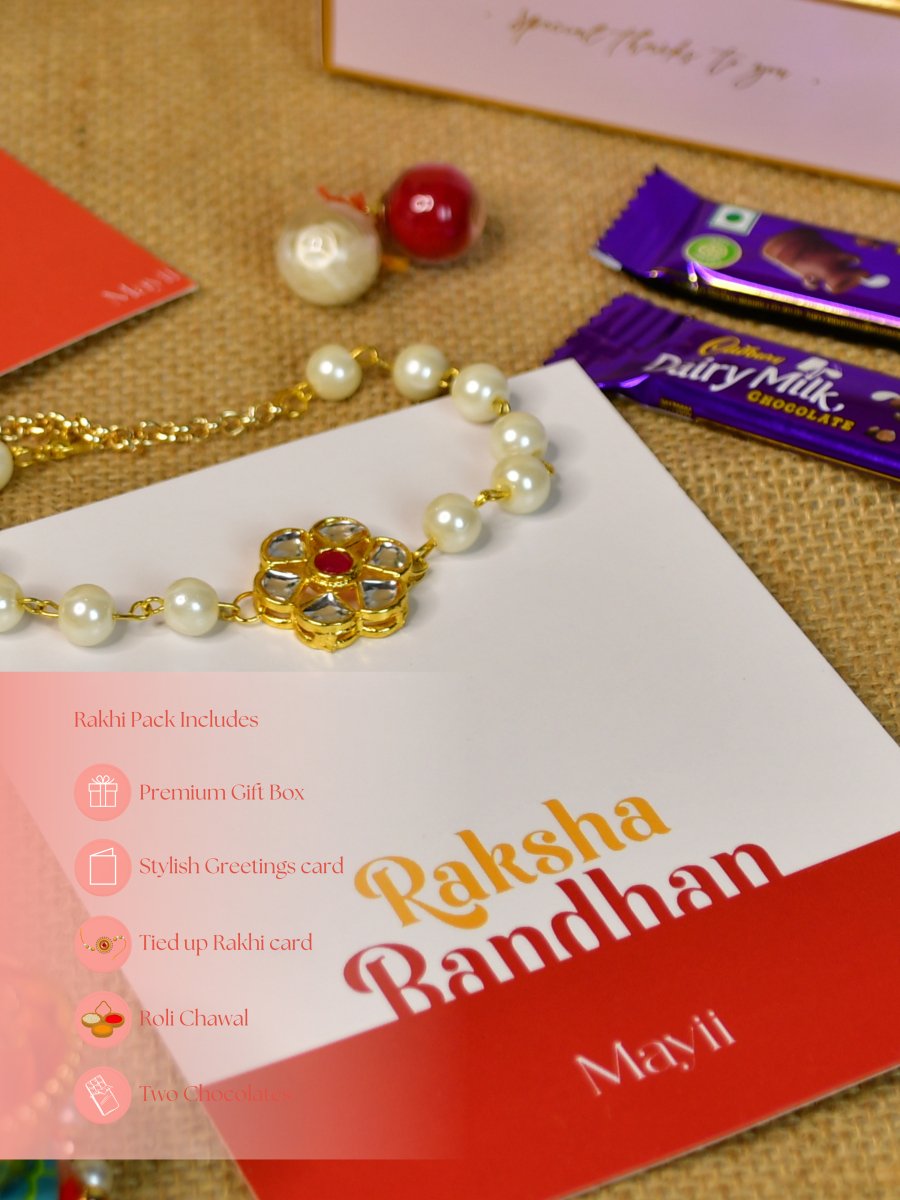 Sowpeace Exquisite Pearl Rakhi Pack of 1 with Roli Chawal Thali, two Chocolates, and Greeting card combo for Raksha Bandhan and Gifting