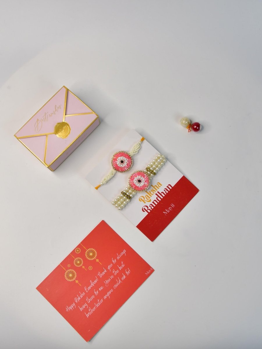 Sowpeace Exquisite Pink Circle Rakhi Pack of 1 with Roli Chawal and Greeting card combo for Raksha Bandhan and Gifting