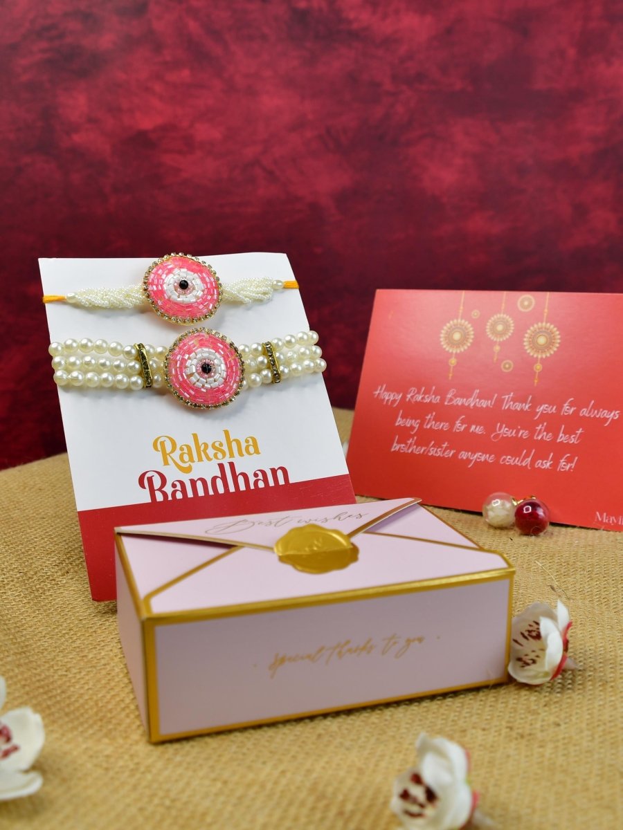 Sowpeace Exquisite Pink Circle Rakhi Pack of 1 with Roli Chawal and Greeting card combo for Raksha Bandhan and Gifting