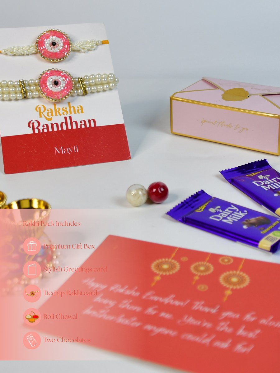 Sowpeace Exquisite Pink Circle Rakhi Pack of 1 with Roli Chawal Thali, Chocolates, and Greeting card combo for Raksha Bandhan and Gifting