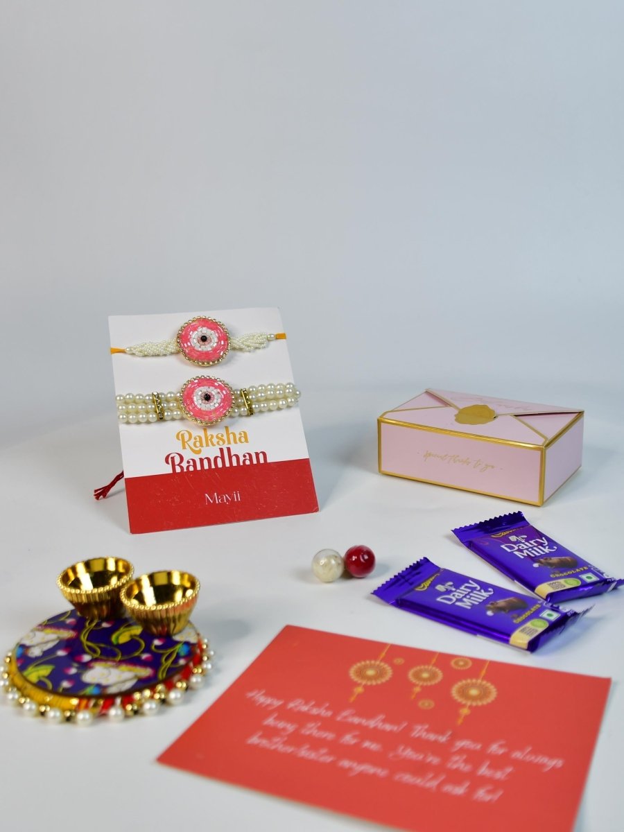 Sowpeace Exquisite Pink Circle Rakhi Pack of 1 with Roli Chawal Thali, Chocolates, and Greeting card combo for Raksha Bandhan and Gifting