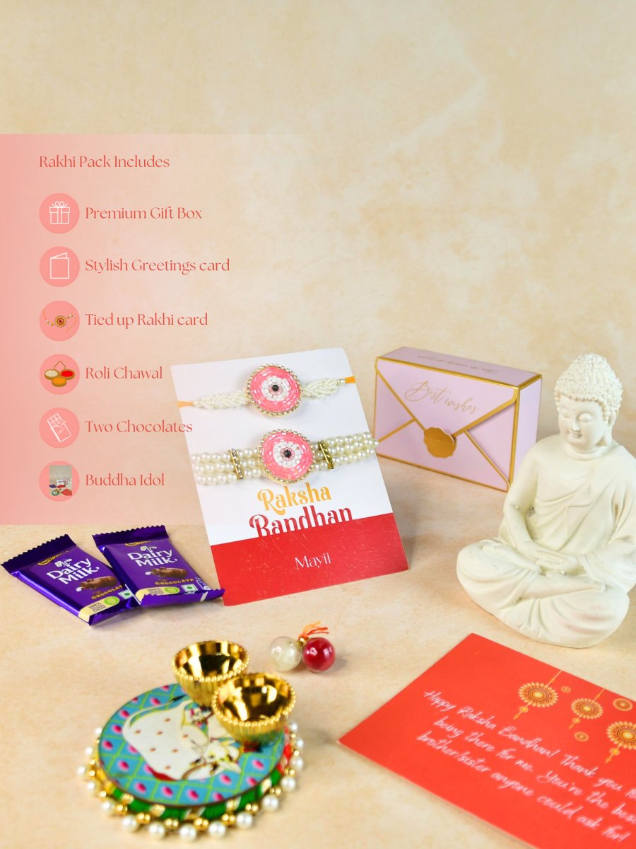 Sowpeace Exquisite Pink Circle Rakhi Pack of 1 with Roli Chawal Thali, Chocolates, Buddha and Greeting card combo for Raksha Bandhan and Gifting