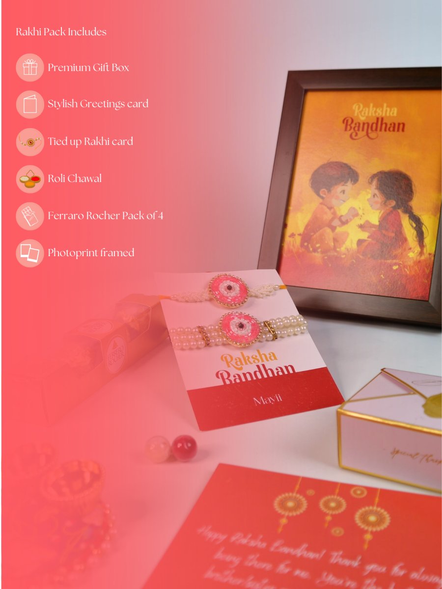 Sowpeace Exquisite Pink Circle Rakhi Pack of 1 with Roli Chawal Thali, Chocolates, Photo Frame and Greeting card combo for Raksha Bandhan and Gifting