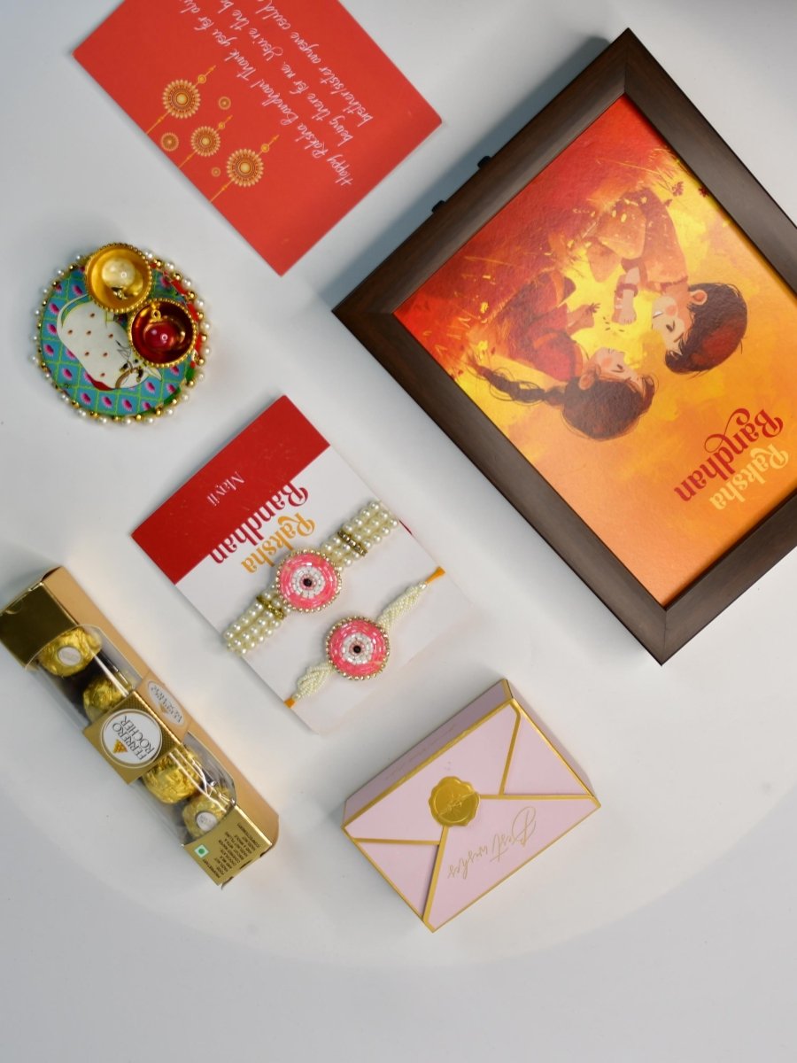 Sowpeace Exquisite Pink Circle Rakhi Pack of 1 with Roli Chawal Thali, Chocolates, Photo Frame and Greeting card combo for Raksha Bandhan and Gifting