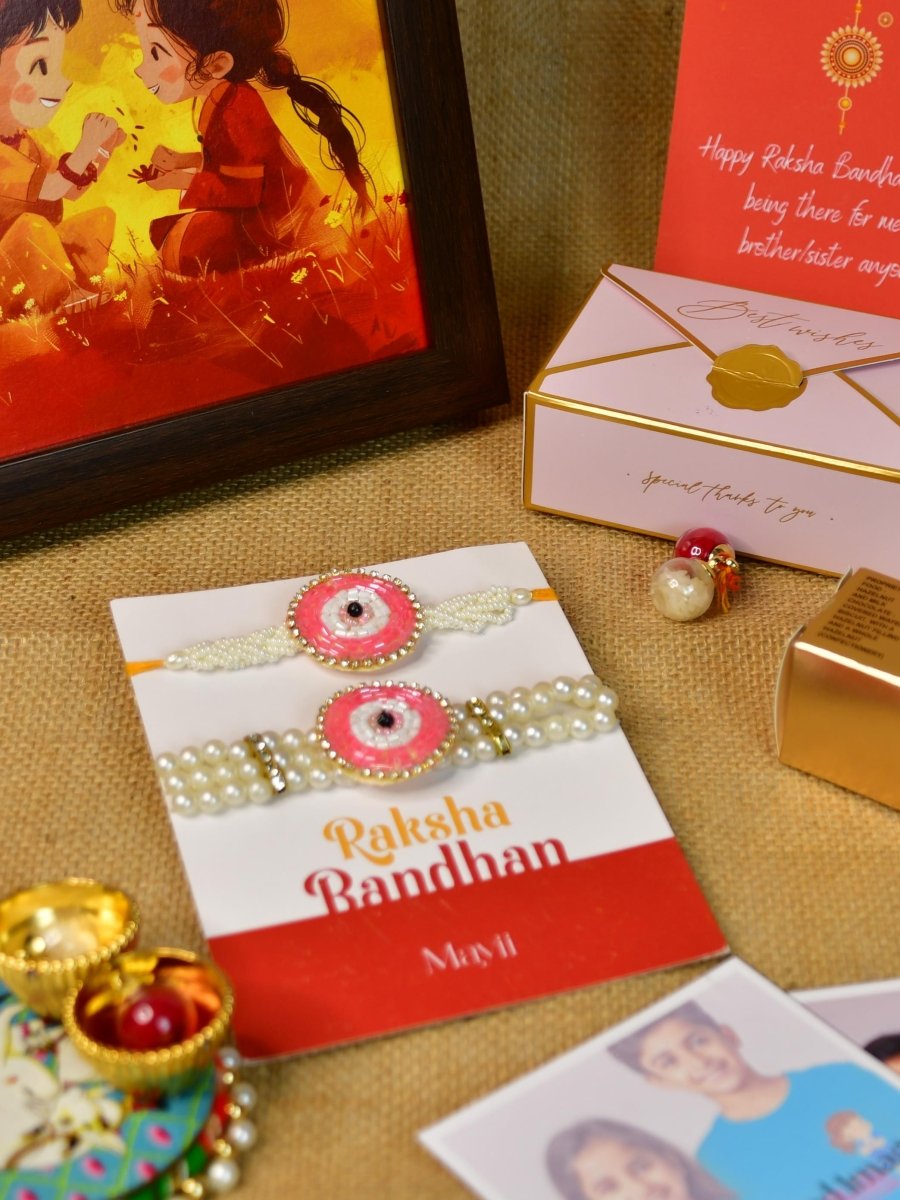 Sowpeace Exquisite Pink Circle Rakhi Pack of 1 with Roli Chawal Thali, Chocolates, Photo Frame, Poloroids and Greeting card combo for Raksha Bandhan and Gifting