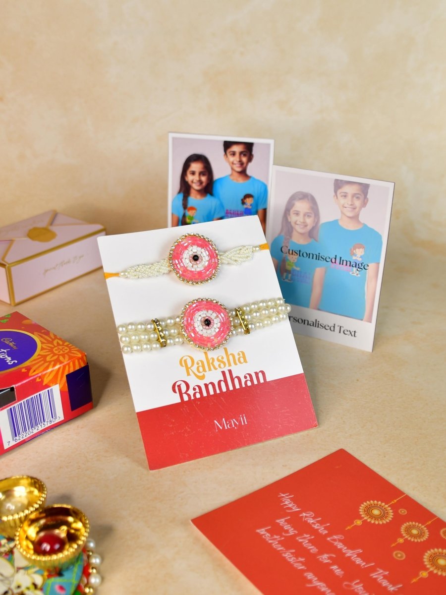 Sowpeace Exquisite Pink Circle Rakhi Pack of 1 with Roli Chawal Thali, Chocolates, Poloroids and Greeting card combo for Raksha Bandhan and Gifting