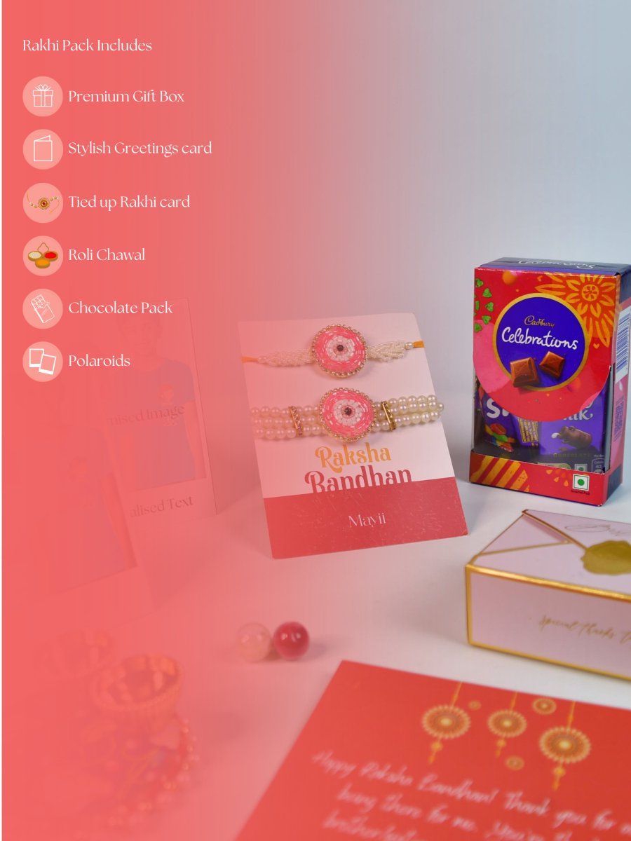 Sowpeace Exquisite Pink Circle Rakhi Pack of 1 with Roli Chawal Thali, Chocolates, Poloroids and Greeting card combo for Raksha Bandhan and Gifting