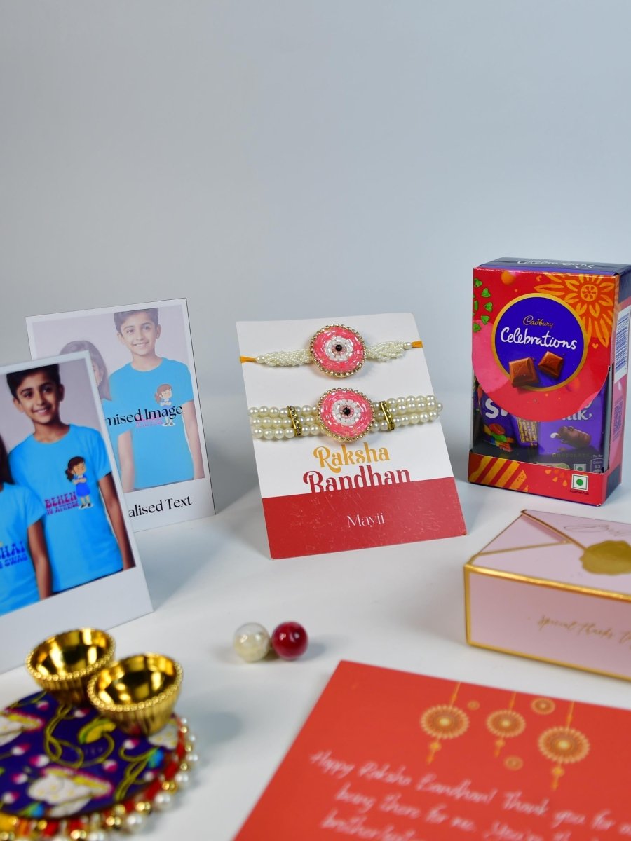 Sowpeace Exquisite Pink Circle Rakhi Pack of 1 with Roli Chawal Thali, Chocolates, Poloroids and Greeting card combo for Raksha Bandhan and Gifting