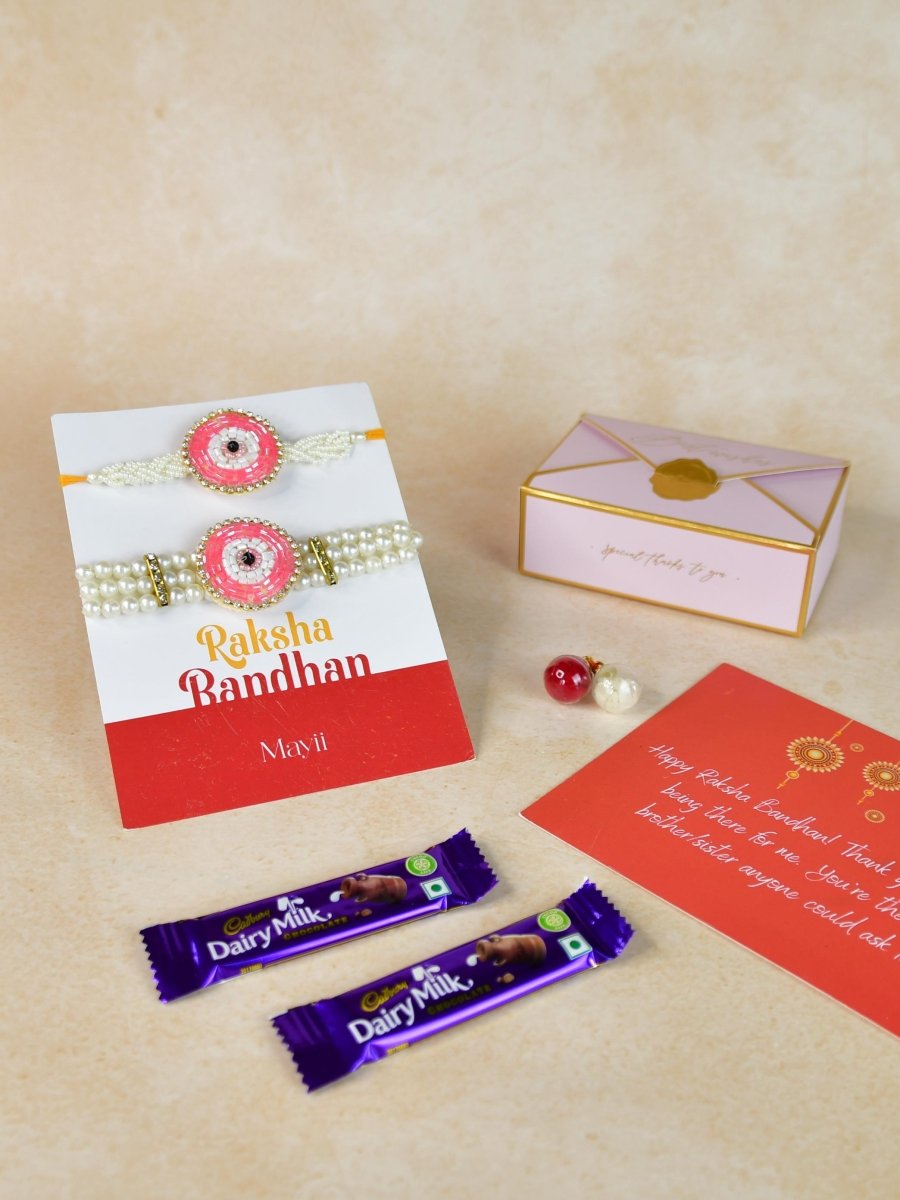 Sowpeace Exquisite Pink Circle Rakhi Pack of 1 with Roli Chawal Thali, two Chocolates, and Greeting card combo for Raksha Bandhan and Gifting