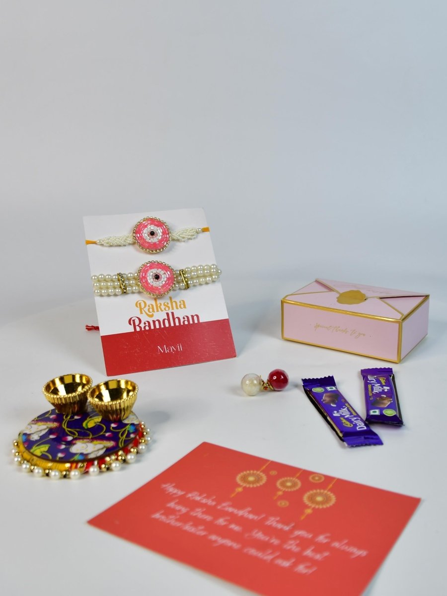 Sowpeace Exquisite Pink Circle Rakhi Pack of 1 with Roli Chawal Thali, two Chocolates, and Greeting card combo for Raksha Bandhan and Gifting