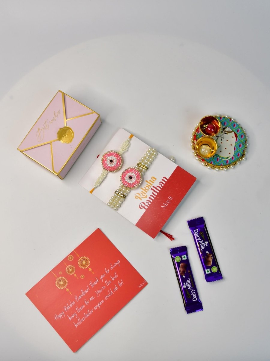 Sowpeace Exquisite Pink Circle Rakhi Pack of 1 with Roli Chawal Thali, two Chocolates, and Greeting card combo for Raksha Bandhan and Gifting