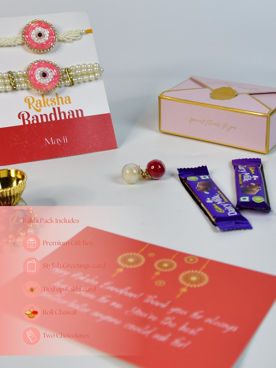 Sowpeace Exquisite Pink Circle Rakhi Pack of 1 with Roli Chawal Thali, two Chocolates, and Greeting card combo for Raksha Bandhan and Gifting