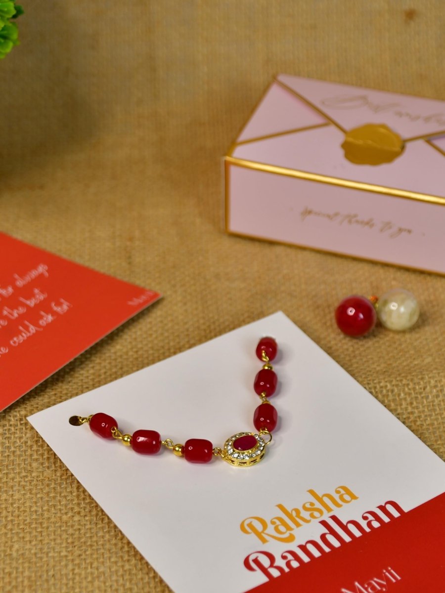 Sowpeace Exquisite Red Beads Rakhi Pack of 1 with Roli Chawal and Greeting card combo for Raksha Bandhan and Gifting