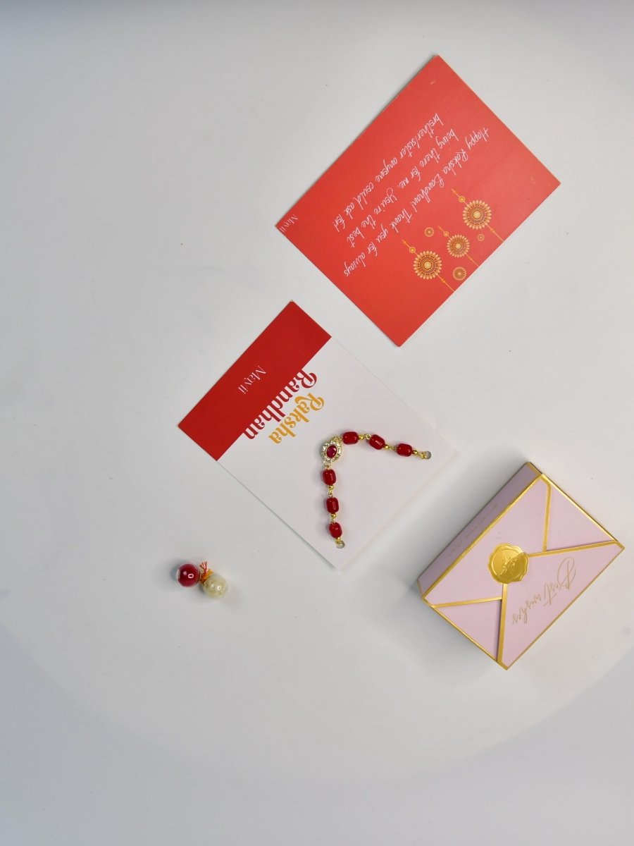 Sowpeace Exquisite Red Beads Rakhi Pack of 1 with Roli Chawal and Greeting card combo for Raksha Bandhan and Gifting