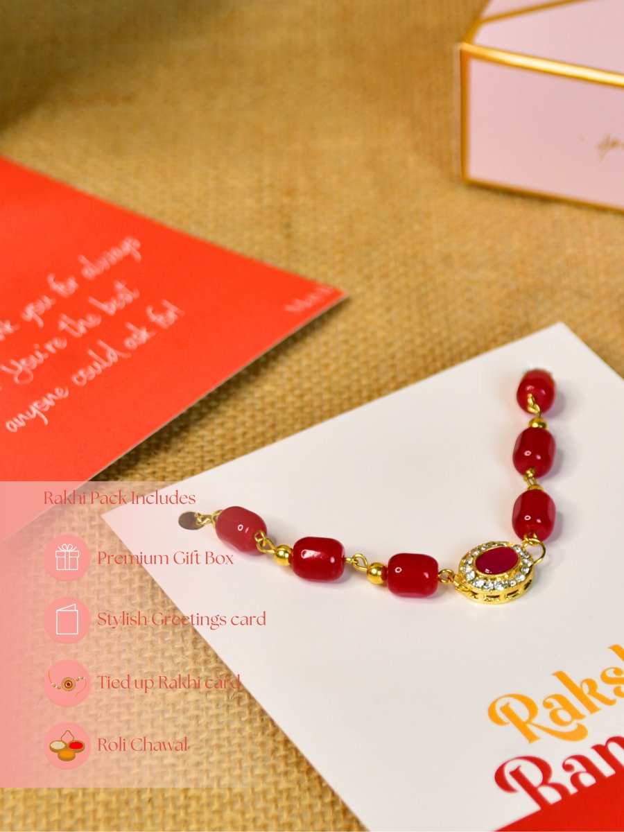 Sowpeace Exquisite Red Beads Rakhi Pack of 1 with Roli Chawal and Greeting card combo for Raksha Bandhan and Gifting