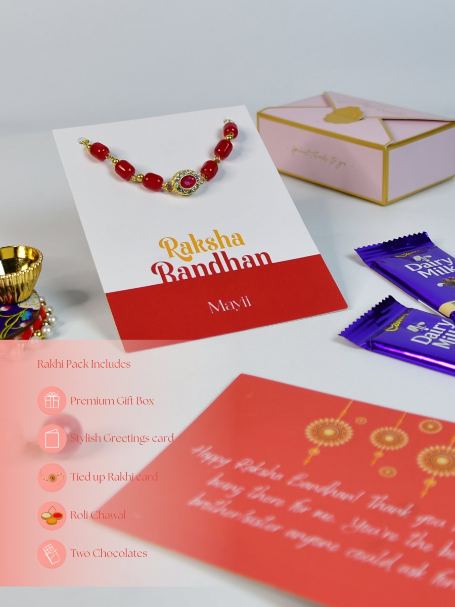 Sowpeace Exquisite Red Beads Rakhi Pack of 1 with Roli Chawal Thali, Chocolates, and Greeting card combo for Raksha Bandhan and Gifting